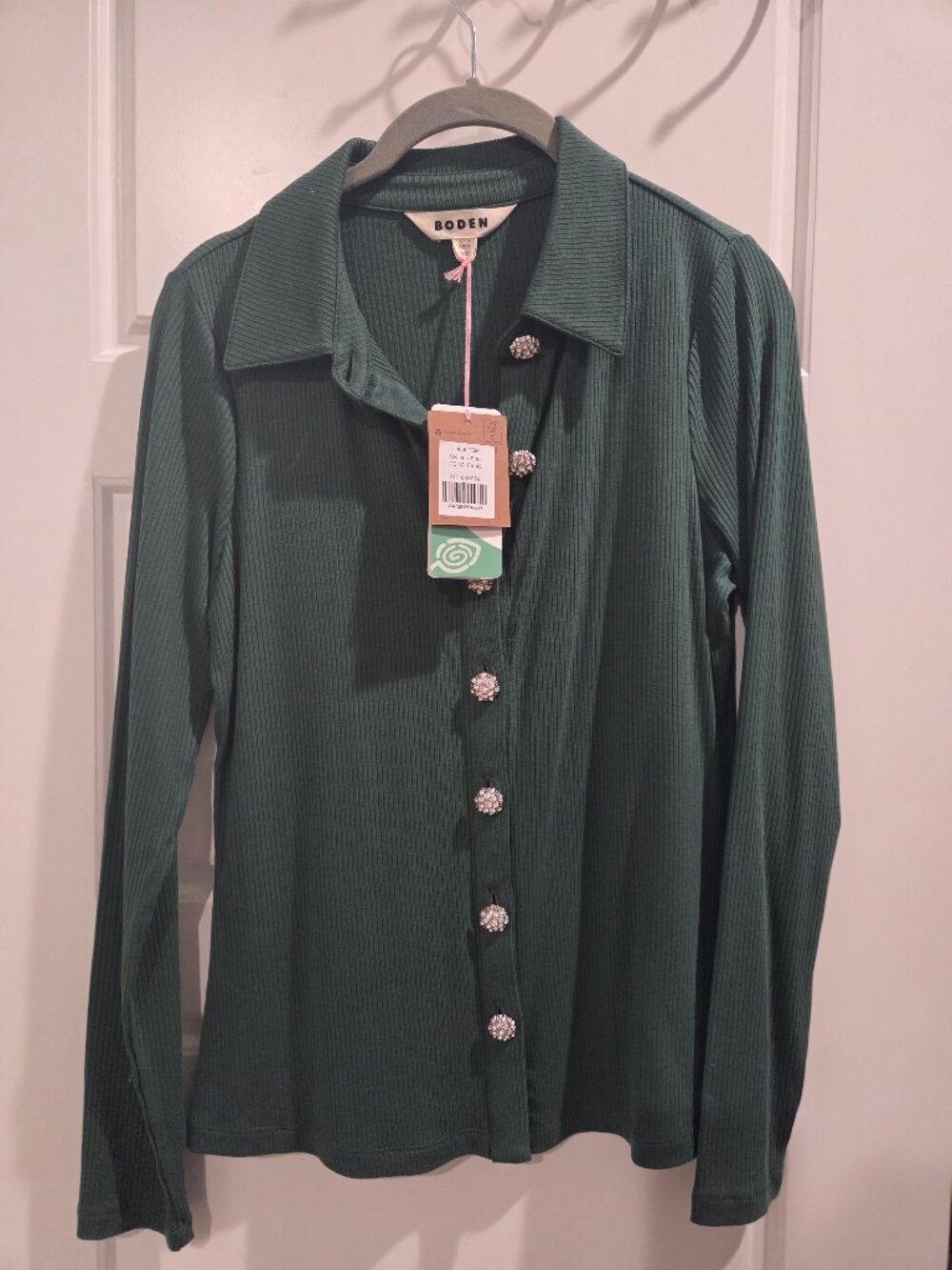 Boden Jewel Button Ribbed Collared Top Green NWT 10